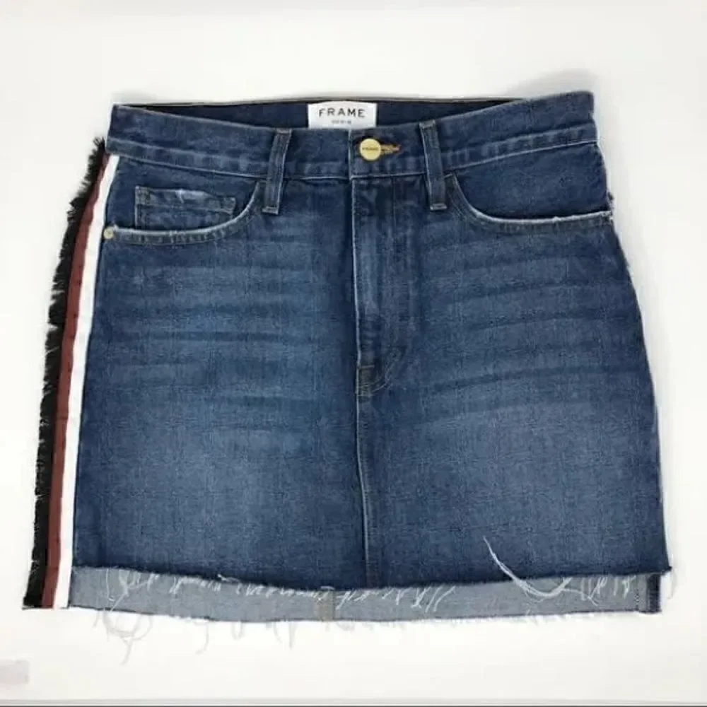 Frame Denim Mini Skirt with Raw Staggered Hem and Side Stripe/Fringe. Size 25.